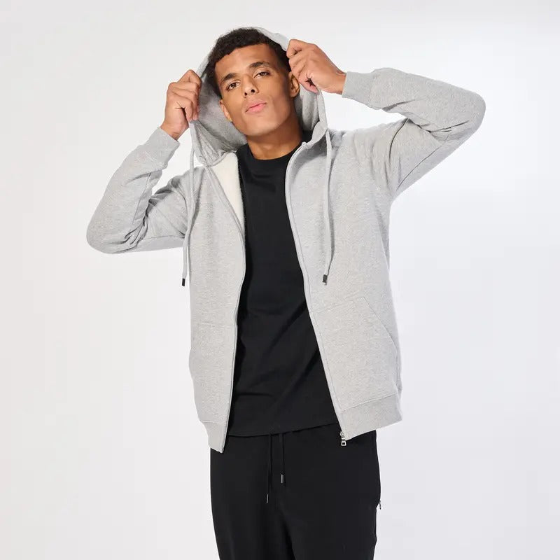 Men's Brushed Fleece Zip-Up Hoodie, Plain Beige, Long Sleeve, 100% Cotton Polyester Menswear Stylish Sweatshirts Tops Classic Casual