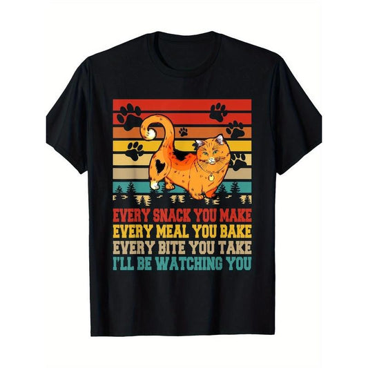 Men's Casual Cotton T-Shirt with Fun Snack & Cat Print - Soft, Breathable Crew Neck Tee for All Seasons, Short Sleeve, Regular Fit, Machine Washable - Perfect for Casual Attire Made in USAstyle{n002}2