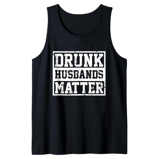 Men's Cotton Sleeveless Tank Top - "DRUNK HUSBANDS MATTEE" Graphic Print, Casual Round Neck, Loose Fit Summer Tee, Black with Distressed Typography, Sizes S-XXXL