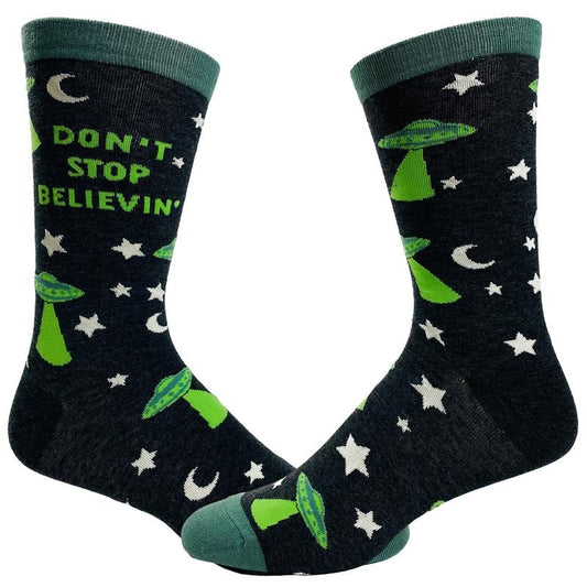 Men's Don't Stop Believin' Socks Funny UFO Space Alien Sci Fi Footwear Funny Socks