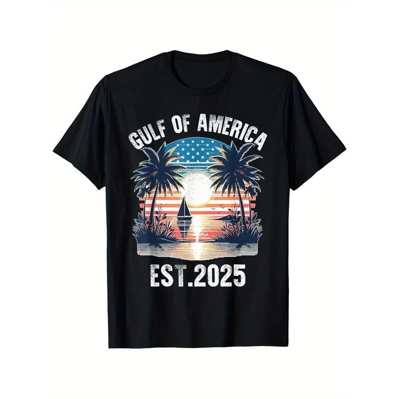 Men's Patriotic Gulf of America Est. 2025 T-Shirt - Black Cotton Crew Neck Tee with Retro Beach Graphic, Perfect for Daily Wear, Vacations & Gifts, Beach T Shirt Made in USA