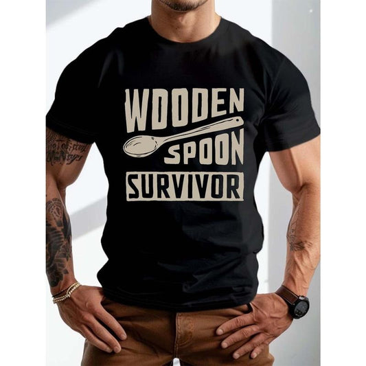 Men's Plus Size Casual T-Shirt With "Wooden Spoon Survivor" Graphic Print, Short Sleeve Crew Neck Summer Trendy Top For Daily Wear, Big & Tall, 1 pc, 100% cotton T-shirt made in usastyle{n002}2