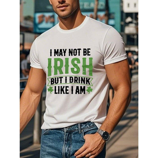 Men's St. Patrick's Day "Irish Like Me" T-Shirt - Casual Blue Cotton Tee with Clover Graphic, Short Sleeve, Round Neck, Machine Washable Made in USA