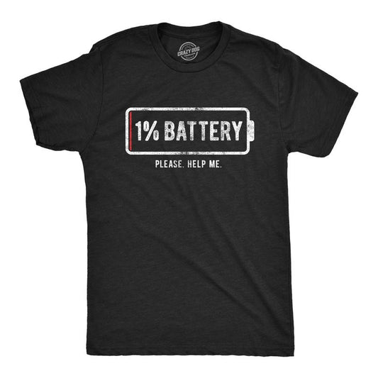 Mens 1% Battery Please Help Me T Shirt Funny Running On Empty Graphic Tee Mens Funny T Shirts Cool Tees Soft Stylish Casual Menswear Funny Meme Short Sleeve Novelty Tees for Guys Black