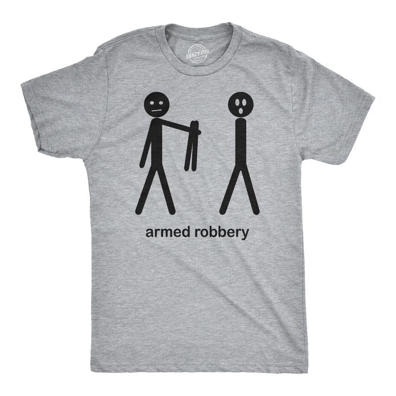 Mens Armed Robbery Funny Stick Figure Drawing Sarcastic Hilarious T shirt Mens Funny T Shirts Cool Tees Soft Stylish Casual Menswear Funny Sarcastic Short Sleeve Novelty Tees for Guys Light Grey