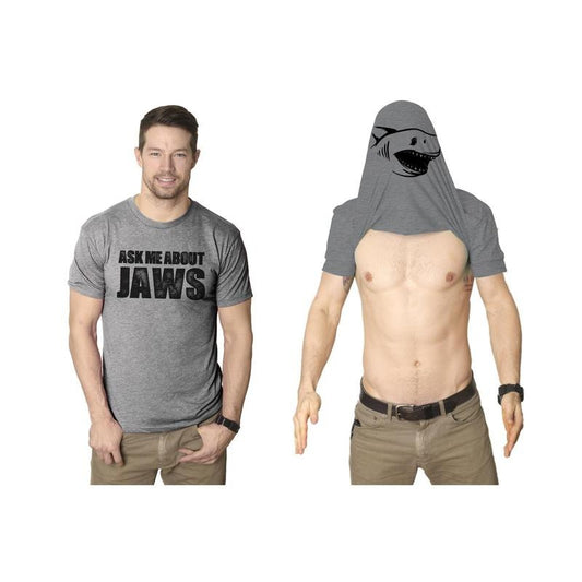 Mens Ask Me About Jaws Flip Up T Shirt Funny Ocean Shark Movie Tee For Guys Mens Funny T Shirts Cool Tees Soft Stylish Casual Menswear Shark Apparel for Men Funny Movie Short Sleeve Novelty Tees for Light Grey