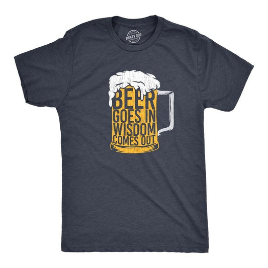 Mens Beer Goes In Wisdom Comes Out T Shirt Funny Sarcastic Beer Drinking Foam Graphic Tee for Guys Mens Funny T Shirts Cool Tees Soft Navy -