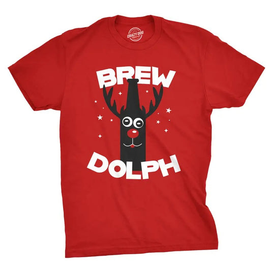 Mens Brew Dolph T Shirt Funny Christmas Drinking Tee Mens Funny T Shirts Cool Tees Soft Stylish Casual Menswear Christmas Apparel for Men Funny Drinking Short Sleeve Novelty Tees for Guys Red