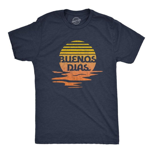 Mens Buenos Dias T Shirt Funny Positive Sunset Good Day Happy Vacation Tee Mens Funny T Shirts Cool Tees Soft Stylish Casual Menswear Funny Summer Short Sleeve Novelty Tees for Guys Navy