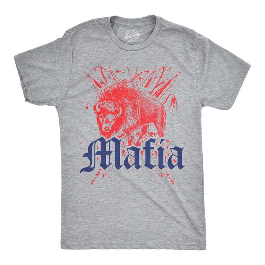 Mens Buffalo Mafia T Shirt Funny Football Graphic Novelty Tee for Guys Mens Funny T Shirts Cool Tees Soft Stylish Casual Menswear Vintage Apparel for Men Funny Football Short Sleeve Novelty Tees for Light Grey
