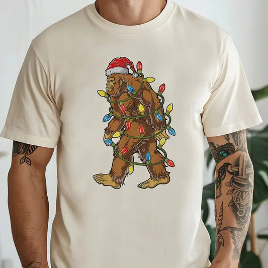 Mens Christmas Bigfoot Tee Funny Santa Bigfoot Christmas Sweatshirt Santa Sasquatch Tshirt Christmas Light Bigfoot T-Shirt Sasquatch Santa Clause Top
