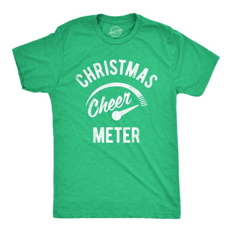 Mens Christmas Cheer Meter T Shirt Funny Holiday Xmas Party Graphic Tee Mens Funny T Shirts Cool Tees Soft Stylish Casual Menswear Christmas Apparel for Men Novelty Tees for Guys Green
