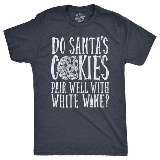 Mens Do Santas Cookies Pair Well With White Wine T Shirt Funny Xmas Drinking Lovers Tee For Guys Mens Funny T Shirts Cool Tees Soft Stylish Casual Menswear Christmas T Shirt for Men Funny Wine T Shirt Navy -