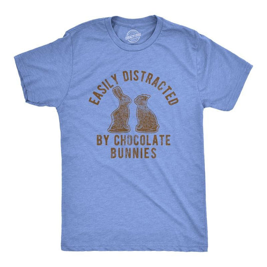 Mens Easily Distracted By Chocolate Bunnies T Shirt Funny Easter Sunday Novelty Graphic Tee for Guys Mens Funny T Shirts Cool Tees Soft Stylish Casual Menswear Easter Apparel for Men Novelty Tees for Light Blue