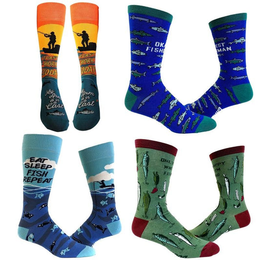 Mens Funny Fishing Socks Bundle 4 Pack Socks With Awesome Graphics For Men Funny Graphic Socks Comfortable Fitted Spandex Cotton
