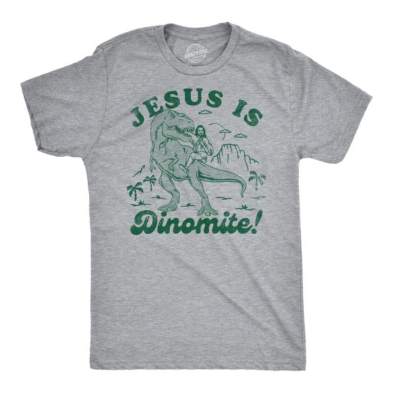 Mens Funny T Shirts Jesus Is Dinomite Funny Christian Graphic Tee For Men Mens Funny T Shirts Cool Tees Soft Stylish Casual Menswear Easter Apparel for Men Funny Religious Short Sleeve Novelty Tees Light Grey
