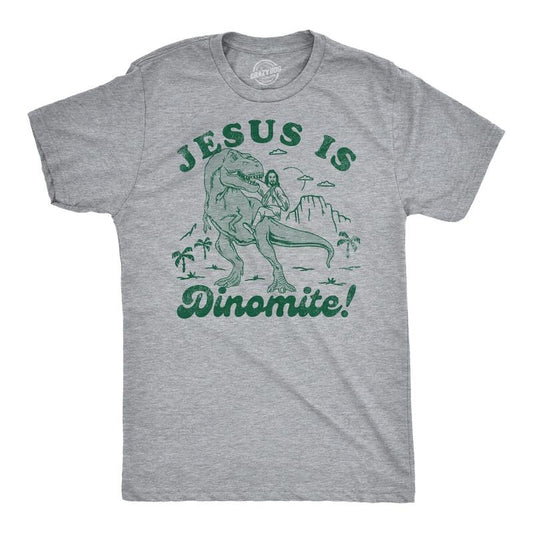 Mens Funny T Shirts Jesus Is Dinomite Funny Christian Graphic Tee For Men Mens Funny T Shirts Cool Tees Soft Stylish Casual Menswear Easter Apparel for Men Funny Religious Short Sleeve Novelty Tees Light Grey