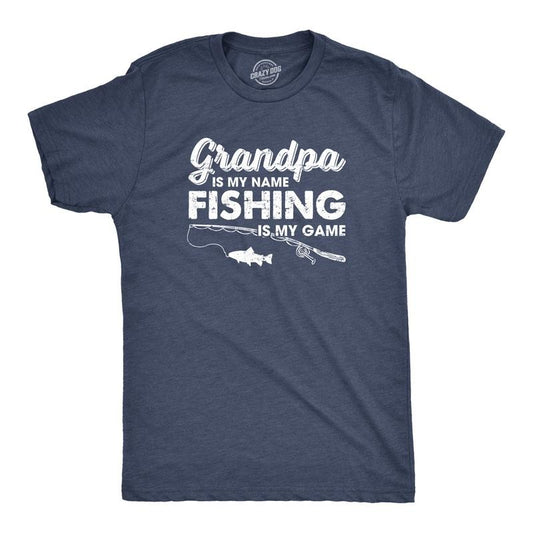 Mens Grandpa Is My Name Fishing Is My Game T shirt Funny Fathers Day Fish Papa Mens Funny T Shirts Cool Tees Soft Stylish Casual Menswear Dad Joke Apparel for Men Funny Fishing Short Sleeve Novelty Navy -