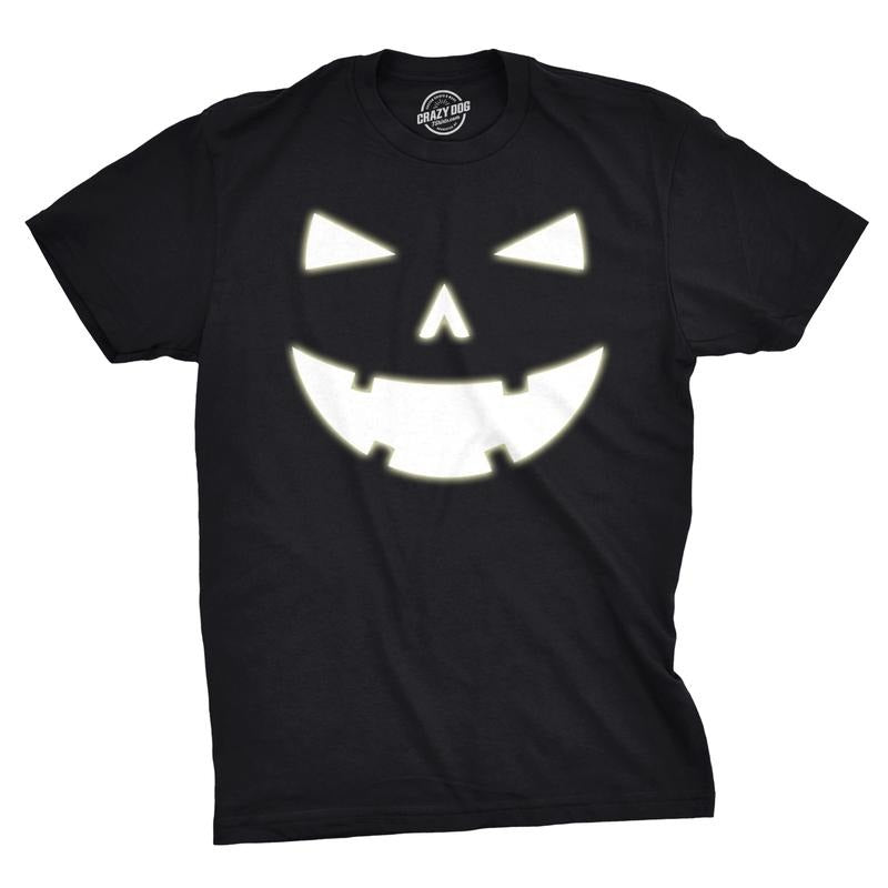 Mens Happy Tooth Glowing Pumpkin Face Glow In The Dark Halloween Tee Mens Funny T Shirts Cool Tees Soft Stylish Casual Menswear Halloween Apparel for Men Novelty Tees for Guys Black - L