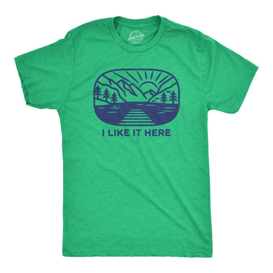 Mens I Like It Here T Shirt Funny Camping Nature Outdoors Lovers Tee For Guys Mens Funny T Shirts Cool Tees Soft Stylish Casual Menswear Funny Camping Short Sleeve Novelty Tees for Guys Green -