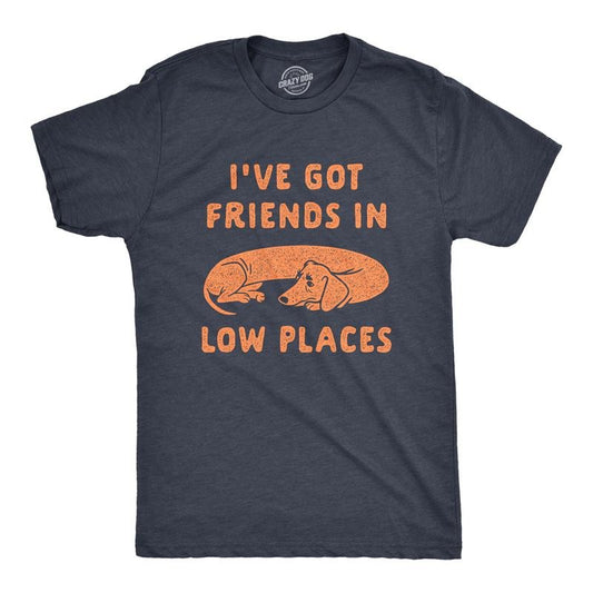 Mens Ive Got Friends In Low Places T Shirt Funny Wiener Dog Dachshund Graphic Tee Mens Funny T Shirts Cool Tees Soft Stylish Casual Menswear Funny Dog Short Sleeve Novelty Tees for Guys Navy