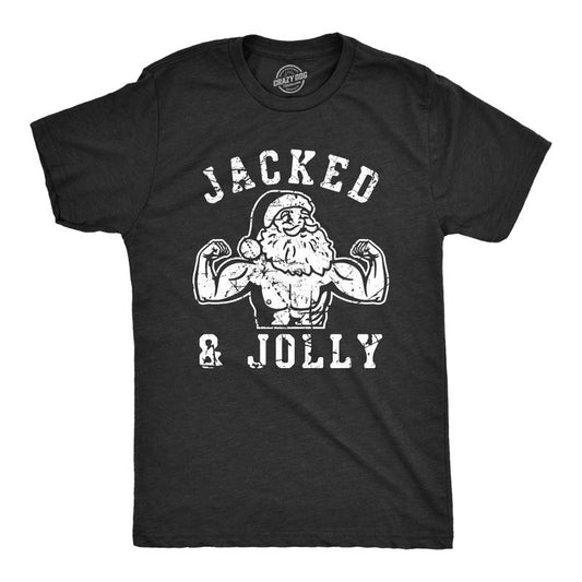 Mens Jacked and Jolly T Shirt Funny Xmas Buff Ripped Santa Claus Exercise Tee for Guys Mens Funny T Shirts Cool Tees Soft Stylish Casual Menswear Christmas Apparel for Men Funny Fitness Short Sleeve Black -