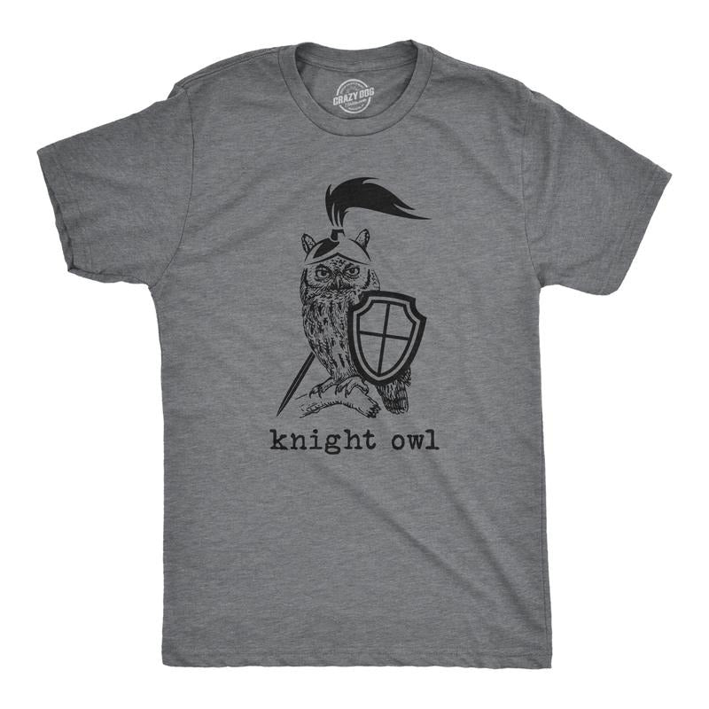 Mens Knight Owl T Shirt Funny Sarcastic Armored Sword Shield Bird Graphic Tee for Guys Mens Funny T Shirts Cool Tees Soft Stylish Casual Menswear Funny Animal Short Sleeve Novelty Tees for Guys Dark Grey