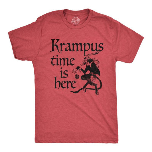 Mens Krampus Time Is Here T Shirt Funny Xmas Evil Devil Santa Joke Tee For Guys Mens Funny T Shirts Cool Tees Soft Stylish Casual Menswear Christmas Apparel for Men Novelty Tees for Guys Red -