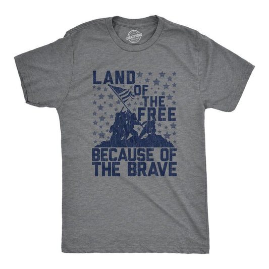 Mens Land Of The Free Because Of The Brave T Shirt Patriotic Memorial Day 4th Of July Tee Mens Funny T Shirts Cool Tees Soft Stylish Casual Menswear Patriotic Apparel for Men Novelty Tees for Guys Dark Grey