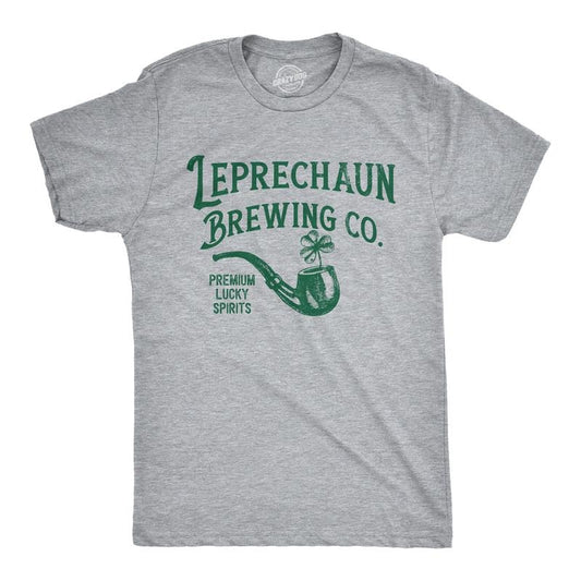 Mens Leprechaun Brewing Co Funny St Patricks Day T Shirt Drinking Tee for Men Mens Funny T Shirts Cool Tees Soft Stylish Casual Menswear Saint Patrick's Day Apparel for Men Funny Drinking Short Sleeve Light Grey