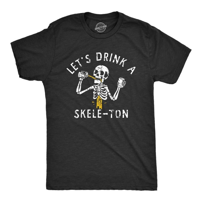 Mens Lets Drink A Skele Ton T Shirt Funny Halloween Party Skeleton Drinking Tee For Guys Mens Funny T Shirts Cool Tees Soft Stylish Casual Menswear Halloween T Shirt for Men Funny Drinking T Shirt Black -