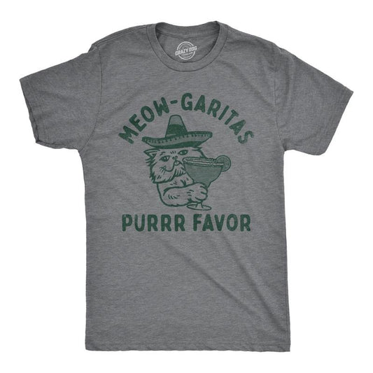 Mens Meow Garitas Purrr Favor T Shirt Funny Kitten Lovers Mixed Cocktail Drinking Joke Tee For Guys Mens Funny T Shirts Cool Tees Soft Stylish Casual Menswear Liquor Apparel for Men Funny Cat Short Dark Grey