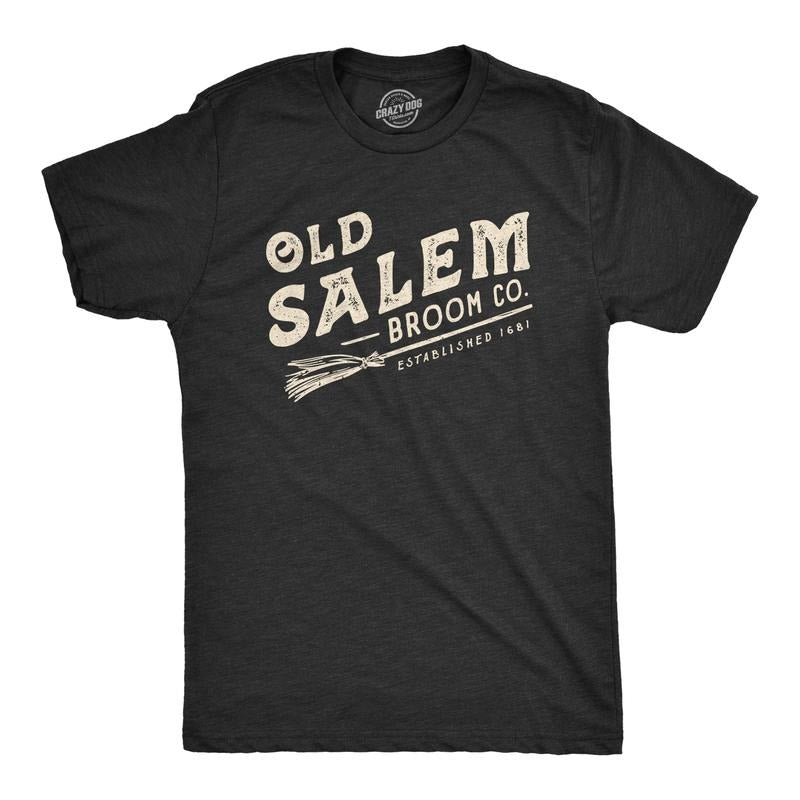 Mens Old Salem Broom Co T Shirt Funny Halloween Witch Tee Mens Funny T Shirts Cool Tees Soft Stylish Casual Menswear Halloween Apparel for Men Novelty Tees for Guys Black
