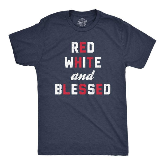 Mens Red White And Blessed T Shirt Funny Fourth Of July Party Text Tee For Guys Mens Funny T Shirts Cool Tees Soft Stylish Casual Menswear Patriotic Apparel for Men Novelty Tees for Guys Navy
