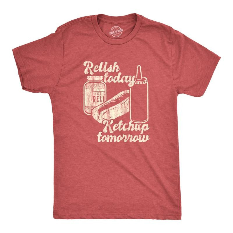 Mens Relish Today Ketchup Tomorrow T Shirt Funny Hot Dog Condiments Graphic Tee Mens Funny T Shirts Cool Tees Soft Stylish Casual Menswear Motivational Apparel for Men Funny Food Short Sleeve Novelty Red