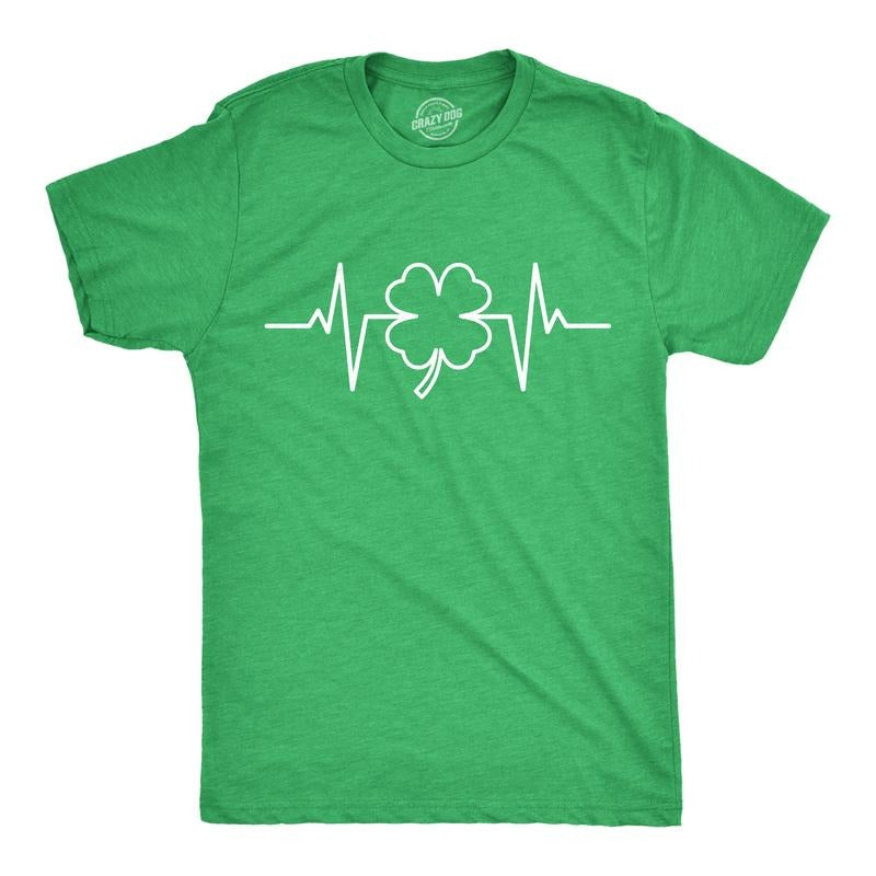 Mens Saint Patrick's Heart Beat T Shirt Funny Pulse Monitor Line Clover St. Paddy's Day Parade Novelty Tee For Guys Mens Funny T Shirts Cool Tees Soft Stylish Casual Menswear Saint Patrick's Day Green -