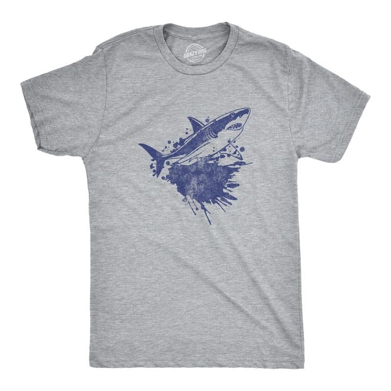 Mens Shark Ink Splatter T Shirt Funny Awesome Shark Week Lovers Tee for Guys Mens Funny T Shirts Cool Tees Soft Stylish Casual Menswear Shark Apparel for Men Novelty Tees for Guys Light Grey