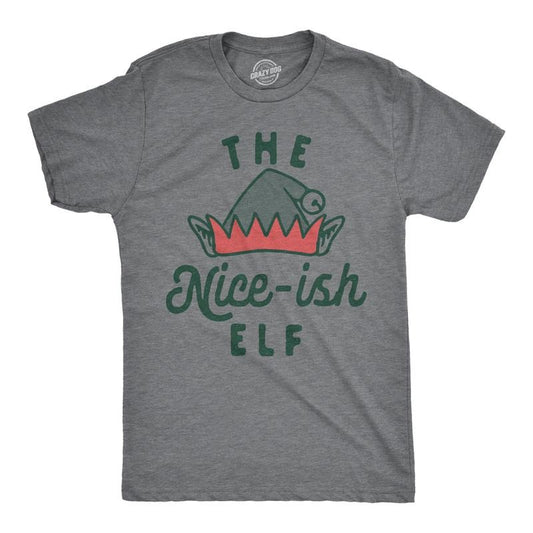 Mens The Nice Ish Elf T Shirt Funny Good Behavior Xmas Elves Joke Tee For Guys Mens Funny T Shirts Cool Tees Soft Stylish Casual Menswear Christmas Apparel for Men Funny Sarcastic Short Sleeve Novelty Dark Grey