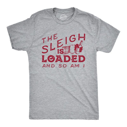 Mens The Sleigh Is Loaded And So Am I T Shirt Funny Santa Claus Christmas Tee Mens Funny T Shirts Cool Tees Soft Stylish Casual Menswear Christmas Apparel for Men Funny Drinking Short Sleeve Novelty Light Grey