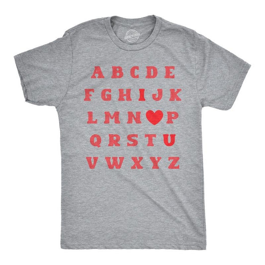 Mens Valentine Alphabet T Shirt Funny Cute Valentines Day Gift Lovers Tee for Guys Mens Funny T Shirts Cool Tees Soft Stylish Casual Menswear Love Apparel for Men Funny Sarcastic Short Sleeve Novelty Light Grey