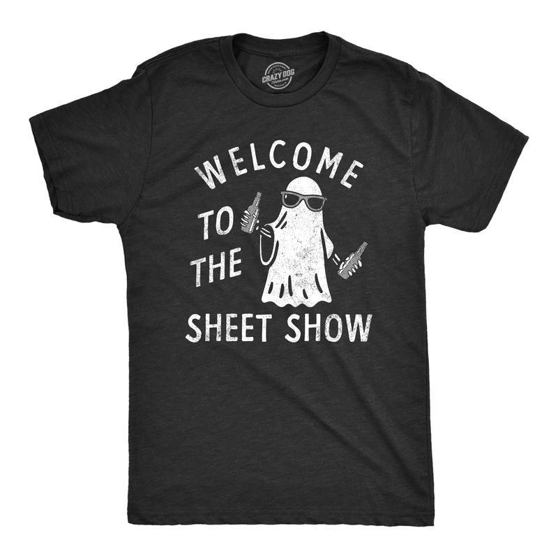 Mens Welcome To The Sheet Show T Shirt Funny Halloween Partying Bedsheet Ghost Tee For Guys Mens Funny T Shirts Cool Tees Soft Stylish Casual Menswear Halloween Apparel for Men Funny Drinking Short Black -
