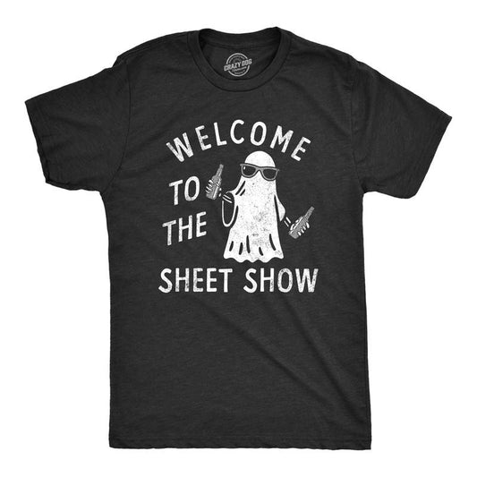 Mens Welcome To The Sheet Show T Shirt Funny Halloween Partying Bedsheet Ghost Tee For Guys Mens Funny T Shirts Cool Tees Soft Stylish Casual Menswear Halloween Apparel for Men Funny Drinking Short Black -