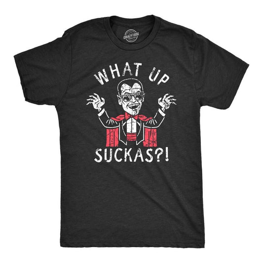Mens What Up Suckas T Shirt Funny Spooky Halloween Party Vampire Tee For Guys Mens Funny T Shirts Cool Tees Soft Stylish Casual Menswear Halloween Apparel for Men Novelty Tees for Guys Black -