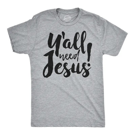 Mens Yall Need Jesus Funny Easter Religious Christian Church Faith Pray T Shirt Mens Funny T Shirts Cool Tees Soft Stylish Casual Menswear Easter Apparel for Men Funny Religious Short Sleeve Novelty Light Grey