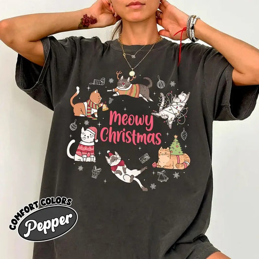 Meowy Christmas Cat Sweatshirt, Cat Lover Xmas Crewneck, Funny Christmas Cat Hoodie, Shirt For Cat Lover, Cat Mom Gift