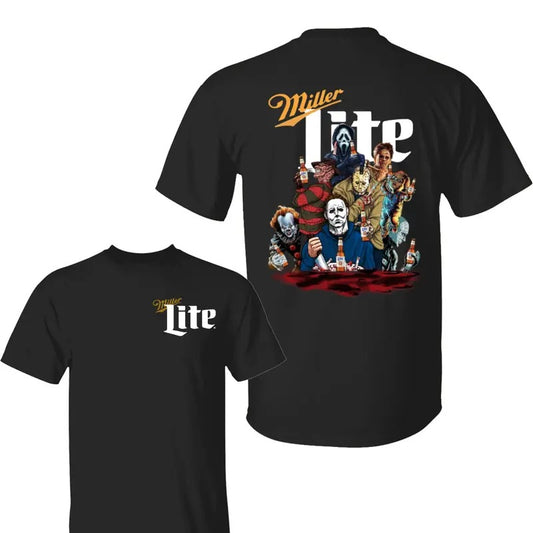 Miler Lite Horror Characters Halloween Shirt, Miler Lite Tshirt, Horror Movie Shirt, Halloween Shirt, Halloween Sweatshirt, Unisex Classic Cotton Tee with 2 Sided Graphic Print in All Sizes, For Women, For Men