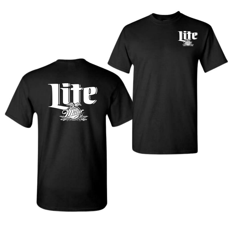 Miller Lite Logo Black And White T-shirt - 2 Side - Choose Your Style - Choose Your Fit - Universal Appeal Garments - Functional Fashion - Pick Your Shade Classic Cotton