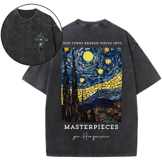 [ Mineral Wash ] God Turns Broken Pieces Into Masterpieces Christian, Night Washed TShirt Jesus Graphic Washed Style Shirt