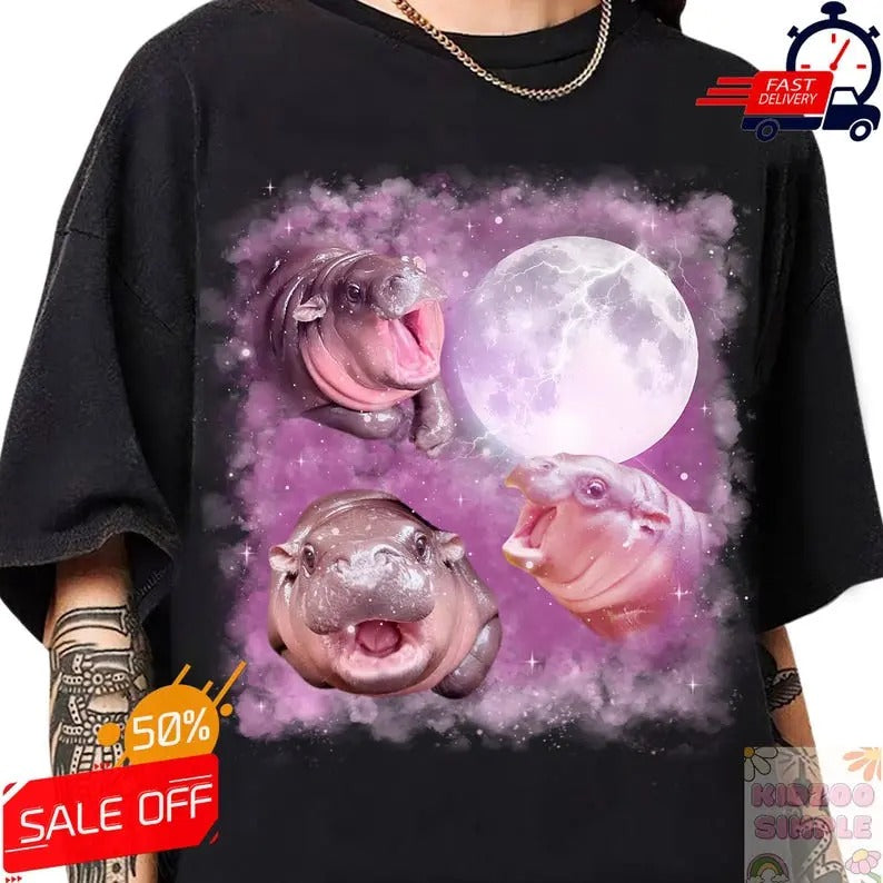 Moo Deng Moon Shirt, Funny Baby Hippo Shirt, Moo Deng Bootleg Rap Tee, 3 Moon-Deng, Baby Pygmy Hippo Tee, Three Moo Deng Howling At The Moon