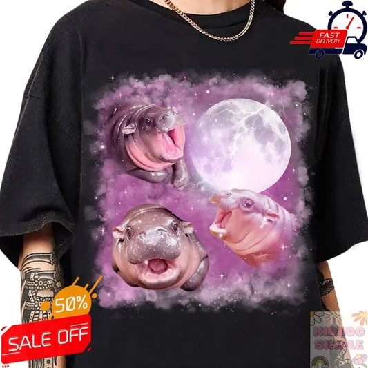 Moo Deng Moon Shirt, Funny Baby Hippo Shirt, Moo Deng Bootleg Rap Tee, 3 Moon-Deng, Baby Pygmy Hippo Tee, Three Moo Deng Howling At The Moon